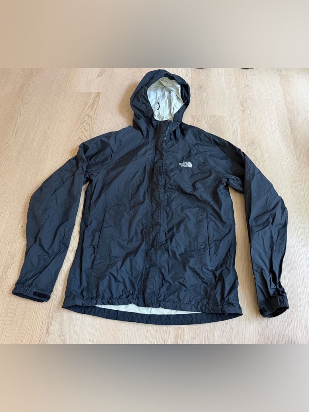 The North Face Black Hooded Full Zip Snap Rain Coat Women’s Size S *flaws